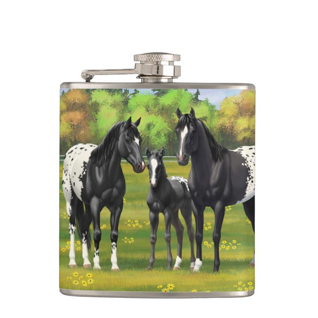 Black Appaloosa Horses In Summer Pasture Flask (Front)