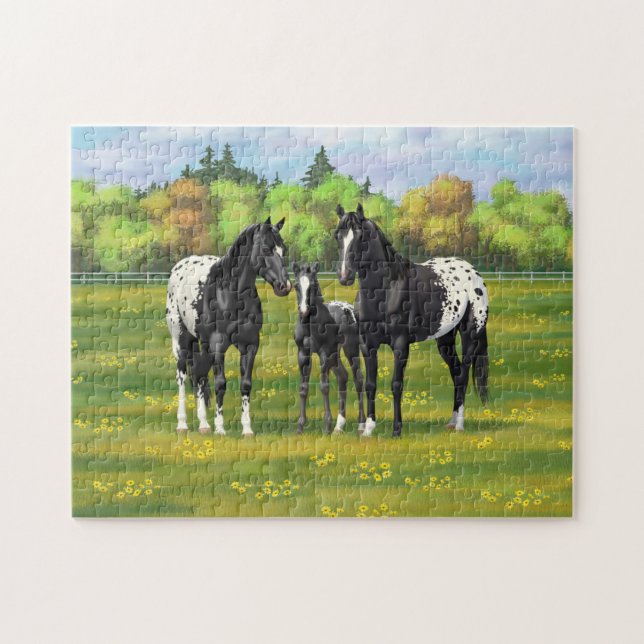 Black Appaloosa Horses In Summer Pasture Jigsaw Puzzle (Horizontal)