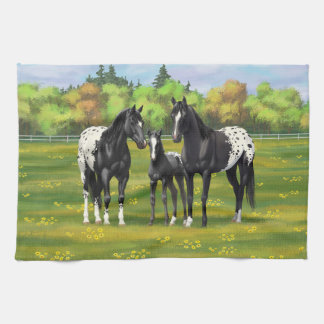 Black Appaloosa Horses In Summer Pasture Kitchen Towel