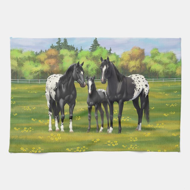 Black Appaloosa Horses In Summer Pasture Kitchen Towel (Horizontal)