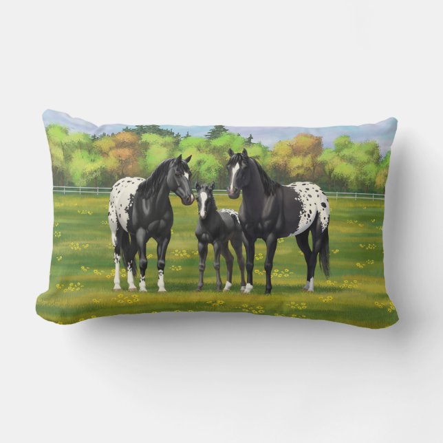 Black Appaloosa Horses In Summer Pasture Lumbar Pillow (Front)