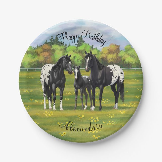 Black Appaloosa Horses In Summer Pasture Paper Plates (Front)