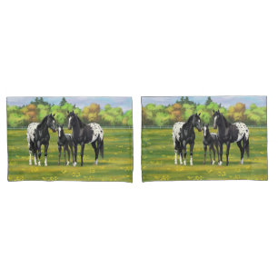 Black Appaloosa Horses In Summer Pasture Pillow Case