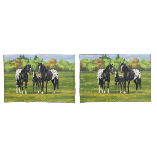 Black Appaloosa Horses In Summer Pasture Pillow Case