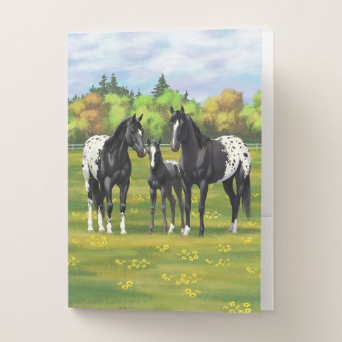 Black Appaloosa Horses In Summer Pasture Pocket Folder