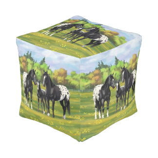 Black Appaloosa Horses In Summer Pasture Pouf