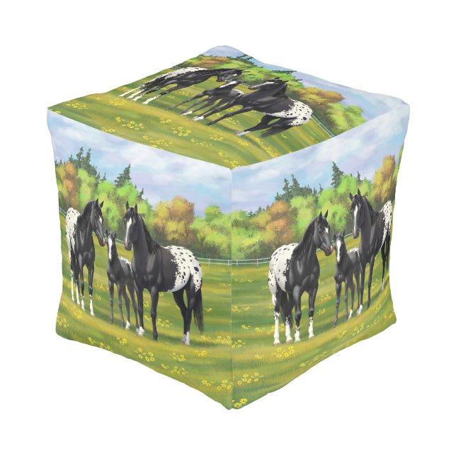 Black Appaloosa Horses In Summer Pasture Pouf (Angled Front)