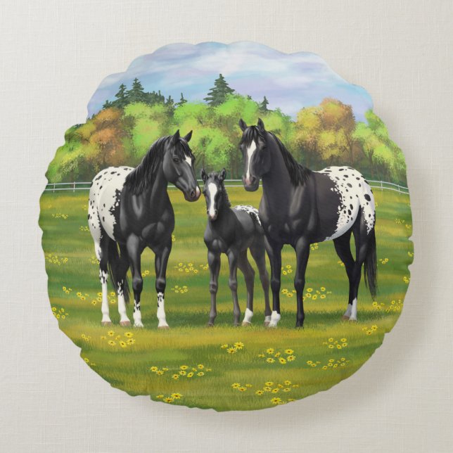 Black Appaloosa Horses In Summer Pasture Round Pillow (Front)