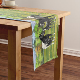Black Appaloosa Horses In Summer Pasture Short Table Runner
