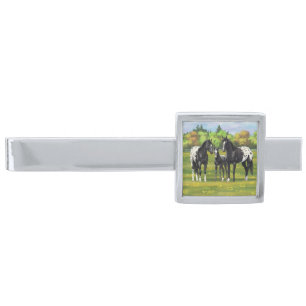 Black Appaloosa Horses In Summer Pasture Silver Finish Tie Bar