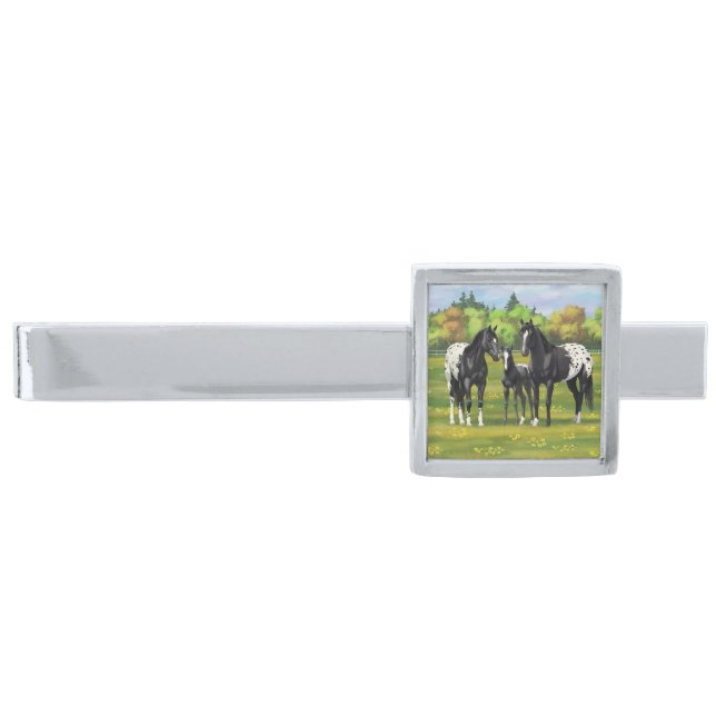 Black Appaloosa Horses In Summer Pasture Silver Finish Tie Bar (Front)