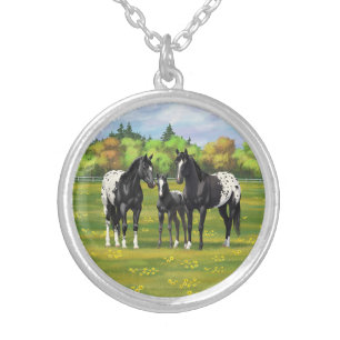 Black Appaloosa Horses In Summer Pasture Silver Plated Necklace