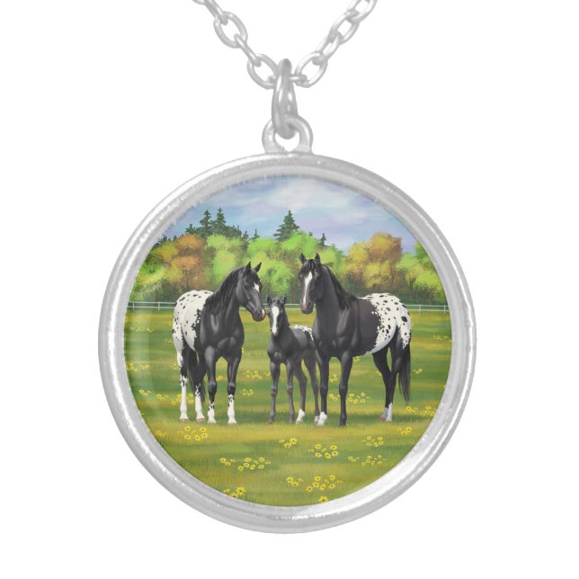Black Appaloosa Horses In Summer Pasture Silver Plated Necklace (Front)