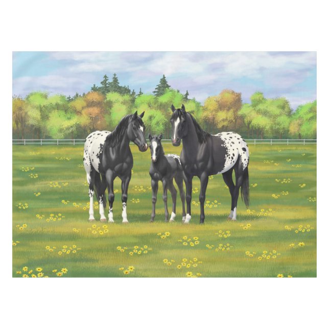 Black Appaloosa Horses In Summer Pasture Tablecloth (Front (Horizontal))