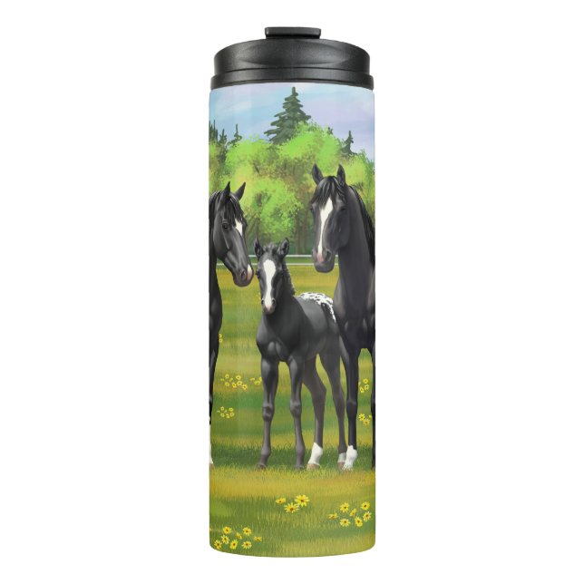 Black Appaloosa Horses In Summer Pasture Thermal Tumbler (Front)