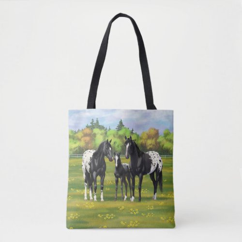 Black Appaloosa Horses In Summer Pasture Tote Bag