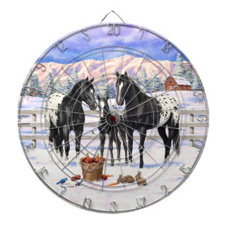 Black Appaloosa Horses On A Farm In Snow Dart Board