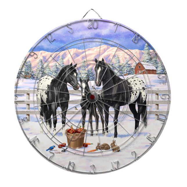 Black Appaloosa Horses On A Farm In Snow Dart Board (Front)
