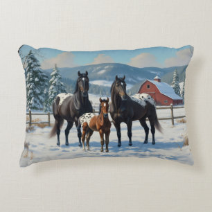 Black Appaloosa Horses on a Farm in Winter Accent Pillow