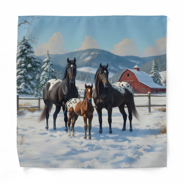 Black Appaloosa Horses on a Farm in Winter Bandana (Front)