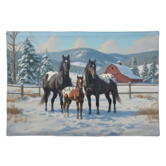 Black Appaloosa Horses on a Farm in Winter Cloth Placemat