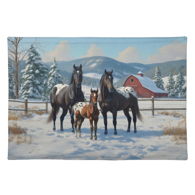 Black Appaloosa Horses on a Farm in Winter Cloth Placemat (Front)