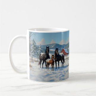 Black Appaloosa Horses on a Farm in Winter Coffee Mug
