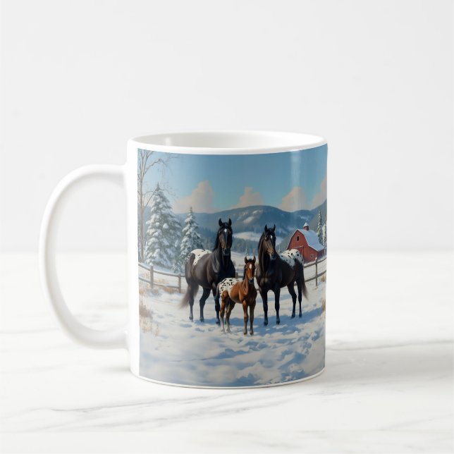 Black Appaloosa Horses on a Farm in Winter Coffee Mug (Left)
