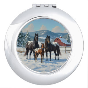 Black Appaloosa Horses on a Farm in Winter Compact Mirror