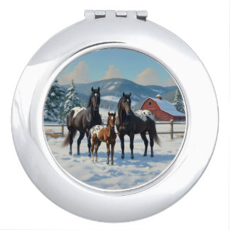 Black Appaloosa Horses on a Farm in Winter Compact Mirror