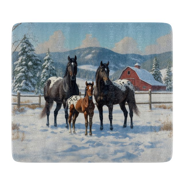 Black Appaloosa Horses on a Farm in Winter Cutting Board (Front)