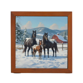 Black Appaloosa Horses on a Farm in Winter Desk Organizer