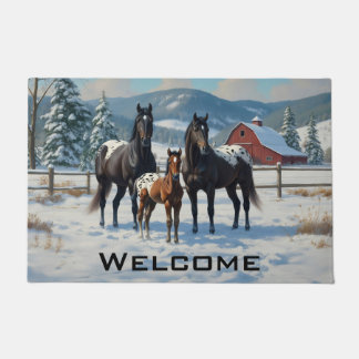 Black Appaloosa Horses on a Farm in Winter Doormat