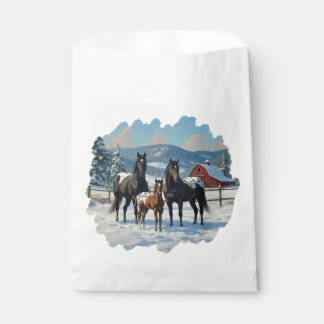 Black Appaloosa Horses on a Farm in Winter Favor Bag