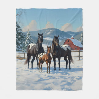 Black Appaloosa Horses on a Farm in Winter Fleece Blanket