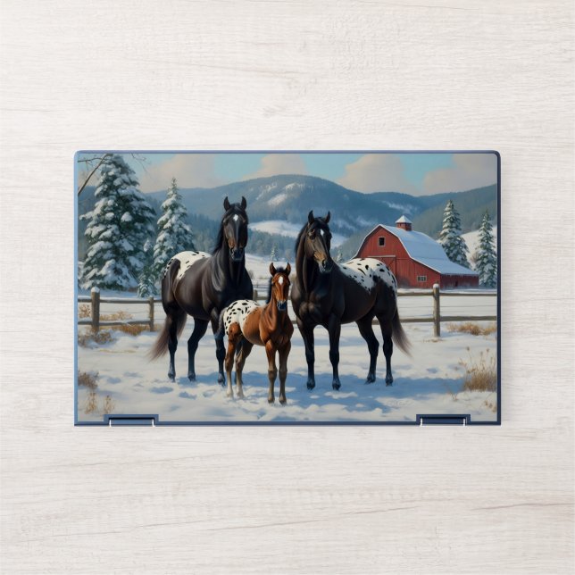 Black Appaloosa Horses on a Farm in Winter HP Laptop Skin (Front)