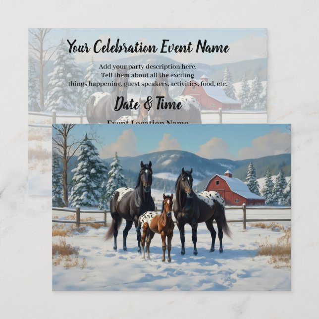 Black Appaloosa Horses on a Farm in Winter Invitation (Front/Back)