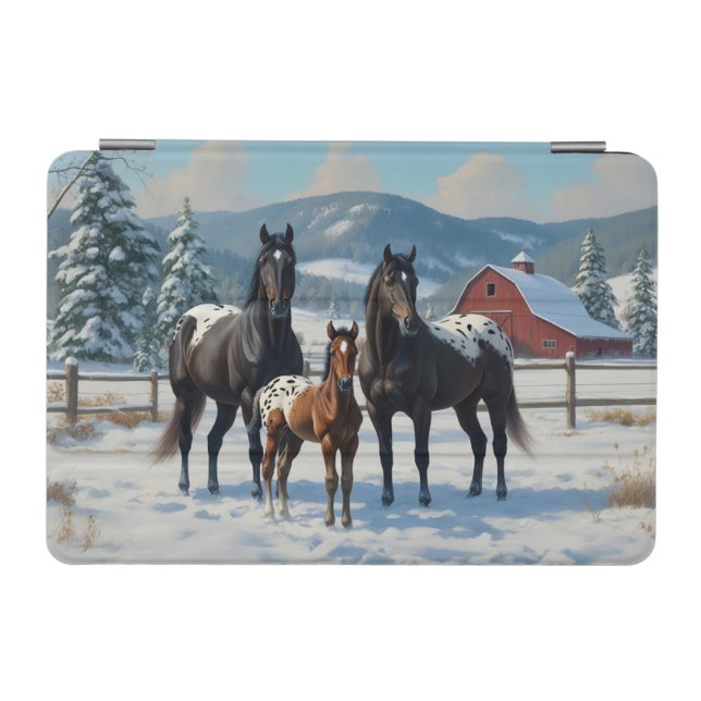 Black Appaloosa Horses on a Farm in Winter iPad Mini Cover (Horizontal)