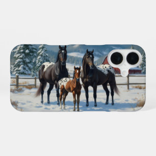 Black Appaloosa Horses on a Farm in Winter iPhone 16 Case