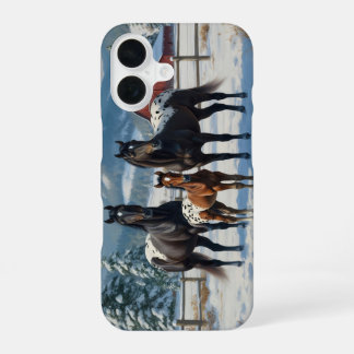Black Appaloosa Horses on a Farm in Winter iPhone 16 Case