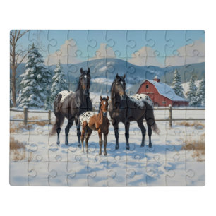 Black Appaloosa Horses on a Farm in Winter Jigsaw Puzzle