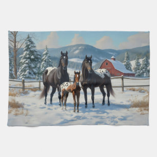 Black Appaloosa Horses on a Farm in Winter Kitchen Towel