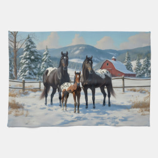 Black Appaloosa Horses on a Farm in Winter Kitchen Towel