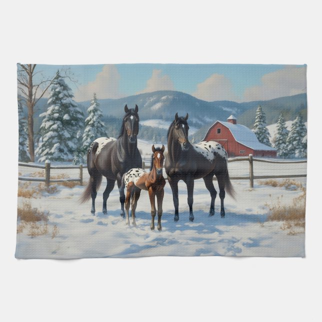 Black Appaloosa Horses on a Farm in Winter Kitchen Towel (Horizontal)