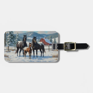 Black Appaloosa Horses on a Farm in Winter Luggage Tag