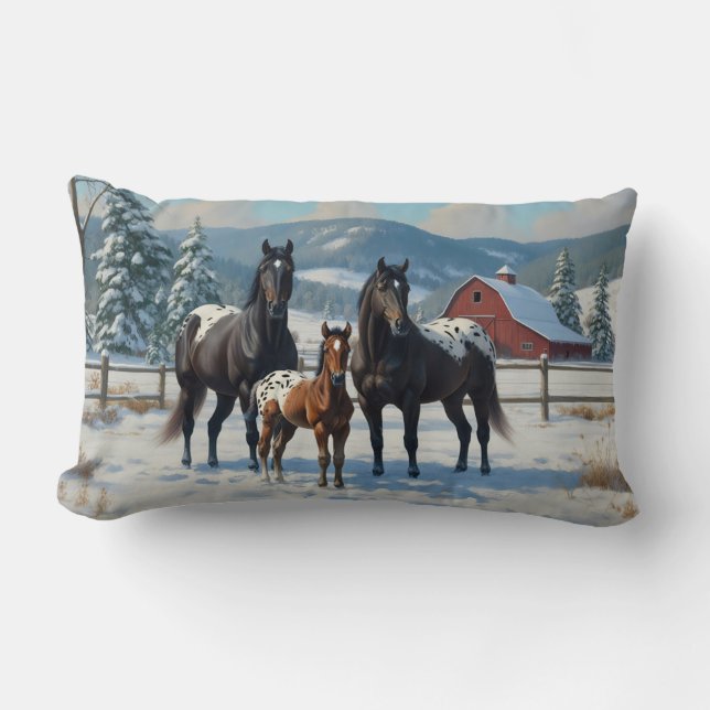 Black Appaloosa Horses on a Farm in Winter Lumbar Pillow (Front)
