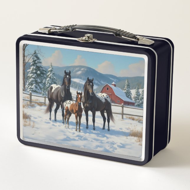 Black Appaloosa Horses on a Farm in Winter Metal Lunch Box (Front)