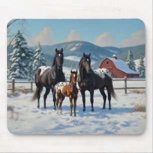 Black Appaloosa Horses on a Farm in Winter Mouse Pad