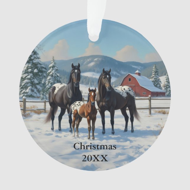 Black Appaloosa Horses on a Farm in Winter Ornament (Front)