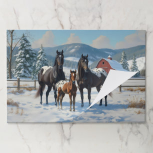 Black Appaloosa Horses on a Farm in Winter Paper Pad